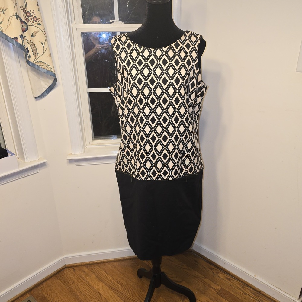 Worthington Black White Geometric Diamond Print Sleeveless Sheath Dress Size‎ 12